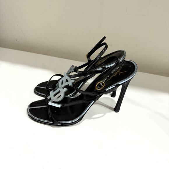 Saint Laurent YSL Patent-Leather Heeled Slingback Sandals Black Women's EU 37 - Picture 1 of 6